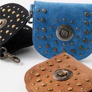 Free People Studded Clip On Wallet Leather in Color: Cognac NWT